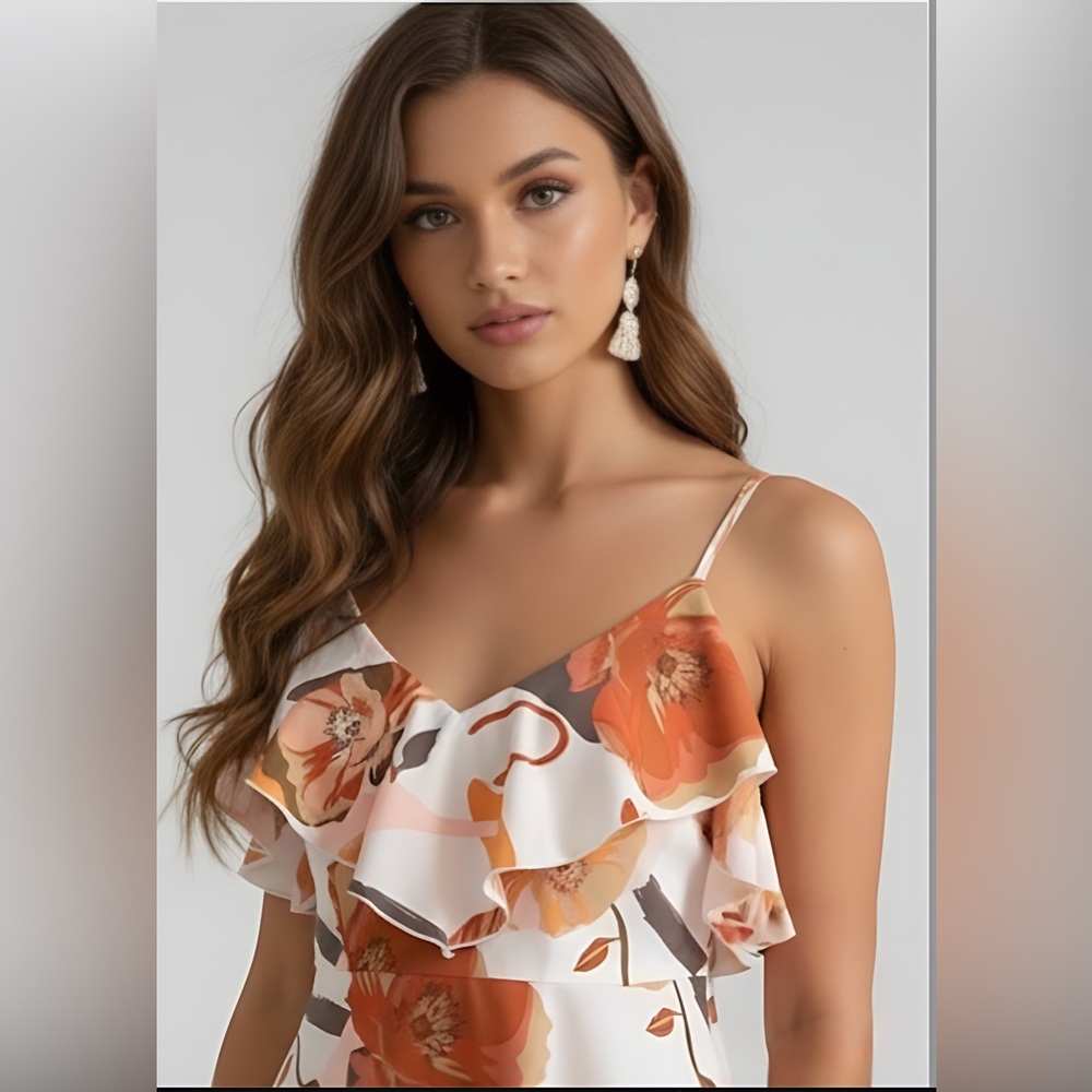 LAST ONE 🔥 Boho Floral Print Ruffle Trim Cami Dress - Picture 2 of 6